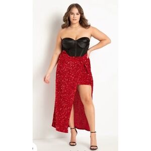 ELOQUII Red Sequin Wrap Maxi Skirt High Slit Evening Party Glam Size 14